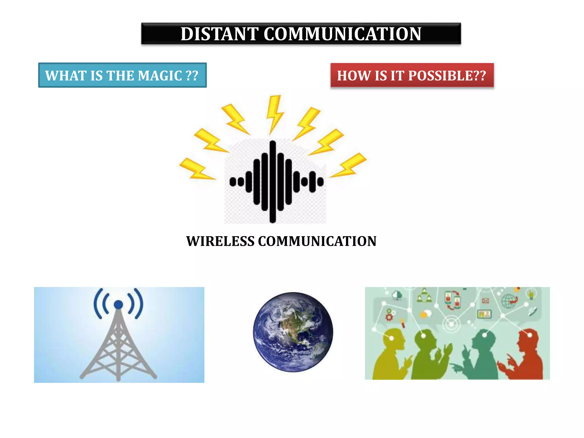 DISTANT COMMUNICATION
WIRELESS COMMUNICATION
WHAT IS THE MAGIC ?? HOW IS IT POSSIBLE??
 