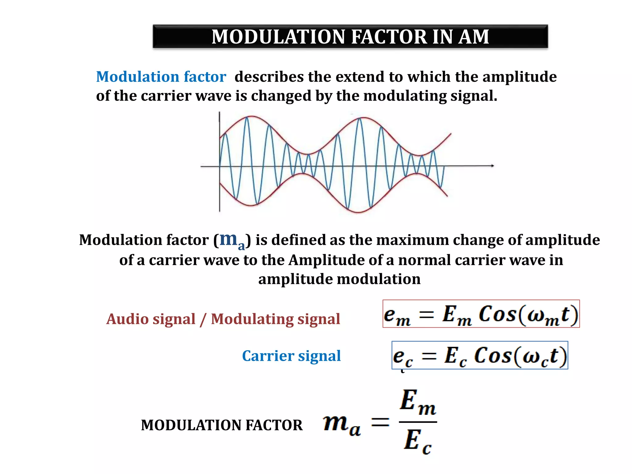 MODULATION FACTOR IN AM
Modulation factor describes the extend to which the amplitude
of the carrier wave is changed by the modulating signal.
t
Modulation factor (ma) is defined as the maximum change of amplitude
of a carrier wave to the Amplitude of a normal carrier wave in
amplitude modulation
Audio signal / Modulating signal
Carrier signal
MODULATION FACTOR
 