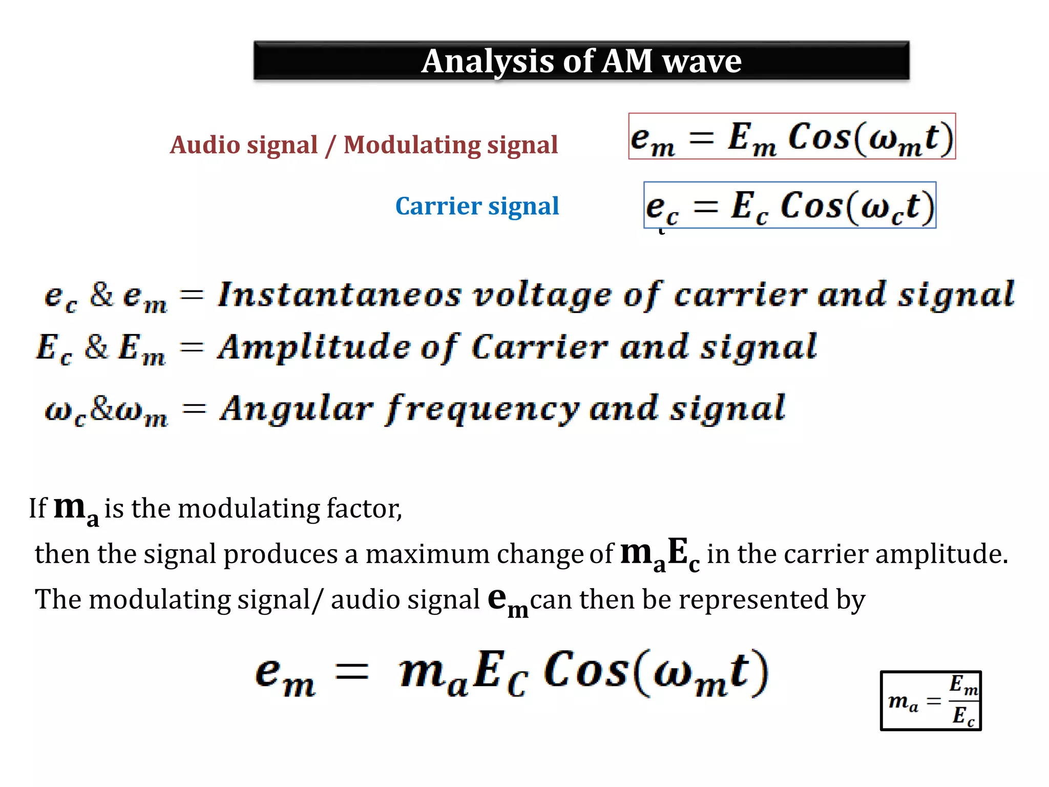 Analysis of AM wave
t
Audio signal / Modulating signal
Carrier signal
If ma is the modulating factor,
then the signal produces a maximum changeof maEc in the carrier amplitude.
The modulating signal/ audio signal emcan then be represented by
 