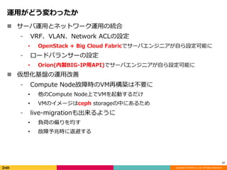 Copyright © DeNA Co.,Ltd. All Rights Reserved.
運用がどう変わったか
 サーバ運用とネットワーク運用の統合
⁃ VRF、VLAN、Network ACLの設定
• OpenStack + Big Cloud Fabricでサーバエンジニアが自ら設定可能に
⁃ ロードバランサーの設定
• Orion(内製BIG-IP用API)でサーバエンジニアが自ら設定可能に
 仮想化基盤の運用改善
⁃ Compute Node故障時のVM再構築は不要に
• 他のCompute Node上でVMを起動するだけ
• VMのイメージはceph storageの中にあるため
⁃ live-migrationも出来るように
• 負荷の偏りを均す
• 故障予兆時に退避する
17
 