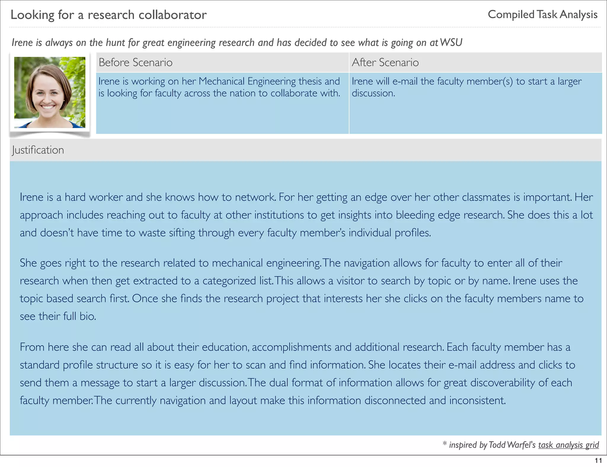 Looking for a research collaborator                                                                                    Compiled Task Analysis

Irene is always on the hunt for great engineering research and has decided to see what is going on at WSU
                    Before Scenario                                                 After Scenario
                    Irene is working on her Mechanical Engineering thesis and       Irene will e-mail the faculty member(s) to start a larger
                    is looking for faculty across the nation to collaborate with.   discussion.




Justiﬁcation
Sub-task

Scenario
 Irene is a hard worker and she knows how to network. For her getting an edge over her other classmates is important. Her
 approach includes reaching out to faculty at other institutions to get insights into bleeding edge research. She does this a lot
 and doesn’t have time to waste sifting through every faculty member’s individual proﬁles.

 She goes right to the research related to mechanical engineering. The navigation allows for faculty to enter all of their
 research when then get extracted to a categorized list. This allows a visitor to search by topic or by name. Irene uses the
 topic based search ﬁrst. Once she ﬁnds the research project that interests her she clicks on the faculty members name to
Functionality bio.
 see their full

 From here she can read all about their education, accomplishments and additional research. Each faculty member has a
 standard proﬁle structure so it is easy for her to scan and ﬁnd information. She locates their e-mail address and clicks to
 send them a message to start a larger discussion. The dual format of information allows for great discoverability of each
 faculty member. The currently navigation and layout make this information disconnected and inconsistent.


                                                                                                          * inspired by Todd Warfel's task analysis grid
                                                                                                                                                      11
 