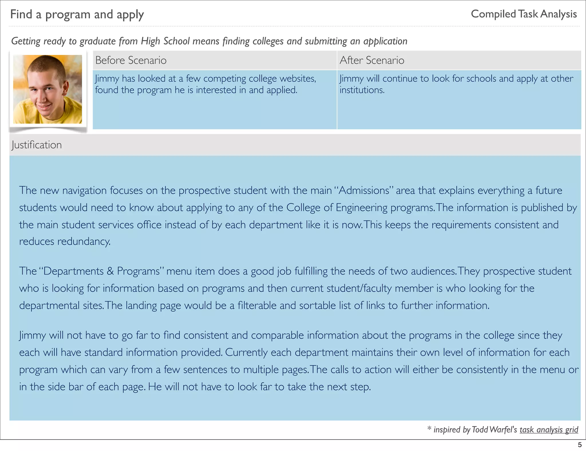 Find a program and apply                                                                                       Compiled Task Analysis

Getting ready to graduate from High School means ﬁnding colleges and submitting an application
                   Before Scenario                                           After Scenario
                   Jimmy has looked at a few competing college websites,     Jimmy will continue to look for schools and apply at other
                   found the program he is interested in and applied.        institutions.




Justiﬁcation


 The new navigation focuses on the prospective student with the main “Admissions” area that explains everything a future
 students would need to know about applying to any of the College of Engineering programs. The information is published by
 the main student services ofﬁce instead of by each department like it is now. This keeps the requirements consistent and
 reduces redundancy.

 The “Departments & Programs” menu item does a good job fulﬁlling the needs of two audiences. They prospective student
 who is looking for information based on programs and then current student/faculty member is who looking for the
 departmental sites. The landing page would be a ﬁlterable and sortable list of links to further information.

 Jimmy will not have to go far to ﬁnd consistent and comparable information about the programs in the college since they
 each will have standard information provided. Currently each department maintains their own level of information for each
 program which can vary from a few sentences to multiple pages. The calls to action will either be consistently in the menu or
 in the side bar of each page. He will not have to look far to take the next step.


                                                                                                  * inspired by Todd Warfel's task analysis grid
                                                                                                                                               5
 