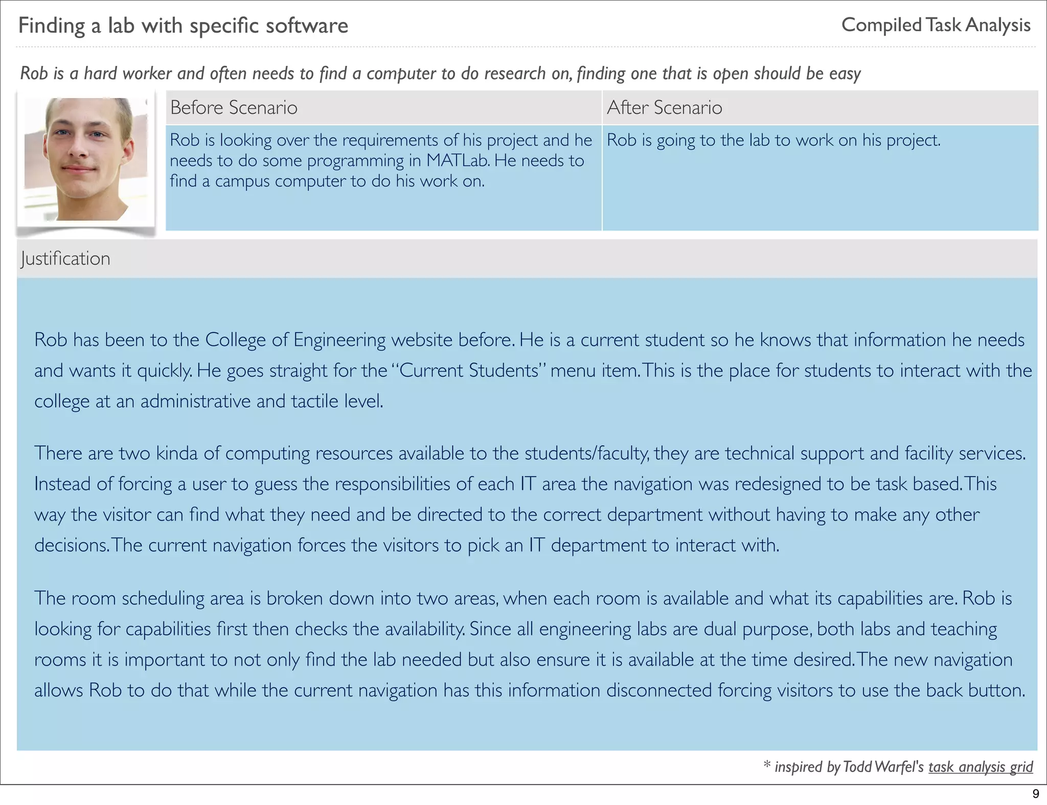 Finding a lab with speciﬁc software                                                                              Compiled Task Analysis

Rob is a hard worker and often needs to ﬁnd a computer to do research on, ﬁnding one that is open should be easy
                    Before Scenario                                            After Scenario
                   Rob is looking over the requirements of his project and he Rob is going to the lab to work on his project.
                   needs to do some programming in MATLab. He needs to
                   ﬁnd a campus computer to do his work on.



Justiﬁcation
Sub-task

Scenario
 Rob has been to the College of Engineering website before. He is a current student so he knows that information he needs
 and wants it quickly. He goes straight for the “Current Students” menu item. This is the place for students to interact with the
 college at an administrative and tactile level.

 There are two kinda of computing resources available to the students/faculty, they are technical support and facility services.
 Instead of forcing a user to guess the responsibilities of each IT area the navigation was redesigned to be task based. This
 way the visitor can ﬁnd what they need and be directed to the correct department without having to make any other
Functionality current navigation forces the visitors to pick an IT department to interact with.
 decisions. The

 The room scheduling area is broken down into two areas, when each room is available and what its capabilities are. Rob is
 looking for capabilities ﬁrst then checks the availability. Since all engineering labs are dual purpose, both labs and teaching
 rooms it is important to not only ﬁnd the lab needed but also ensure it is available at the time desired. The new navigation
 allows Rob to do that while the current navigation has this information disconnected forcing visitors to use the back button.


                                                                                                    * inspired by Todd Warfel's task analysis grid
                                                                                                                                                 9
 