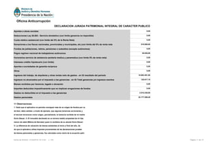 11 Observaciones
1- Dado que el aplicativo no permite consignar más de un origen de fondos por ca
da bien, debo señalar, a modo de ejemplo, que algunas tenencias accionarias y
el escrow reconocen como origen, parcialmente, la herencia recibida de mi madre
Doris Steuer. 2- El inmueble declarado es un terreno baldío propiedad de mi hija
menor de edad (Milena de Narváez) quien lo recibiera de su abuela Doris Steuer.
3- La diferencia de valuación de bienes existentes al inicio y final del año, da
do que el aplicativo utiliza importes provenientes de las declaraciones juradas
de bienes personales y ganancias, fue calculada como cierre de la ecuación patri
Aportes a obras sociales 0,00
Deducciones Ley 26.083 - Servicio doméstico (con límite ganancia no imponible) 0,00
Cuota médico asistencial (con limite del 5% de la Renta Neta) 0,00
Donaciones a los fiscos nacionales, provinciales y municipales, etc.(con límite del 5% de renta neta 518.000,00
Fondos de jubilaciones, retiros, pensiones o subsidios (excepto autónomos) 0,00
Pagos regimen nacional de trabajadores autónomos 38.028,06
Honorarios servicio de asistencia sanitaria medica y paramedica (con limite 5% de renta neta) 0,00
Intereses crédito hipotecario (con límite) 0,00
Aportes a sociedades de garantía reciproca 0,00
Otros 0,00
Ingresos del trabajo, de alquileres y otras rentas neto de gastos - en IG resultado del período 10.663.461,88
Ingresos no alcanzados por el impuesto a las ganancias - en IG Total ganancias y/o ingresos exentos 120.917,10
Bienes recibidos por herencia, legado o donación 0,00
Importes deducidos impositivamente que no implican erogaciones de fondos 0,00
Gastos no deducibles en el impuesto a las ganancias 4.515.330,00
Gastos personales 22.177.299,49
Página 11 de 12Fecha de Emisión: 31/05/2016 18:12:52 v: 104
Oficina Anticorrupción
DECLARACION JURADA PATRIMONIAL INTEGRAL DE CARACTER PUBLICO
 