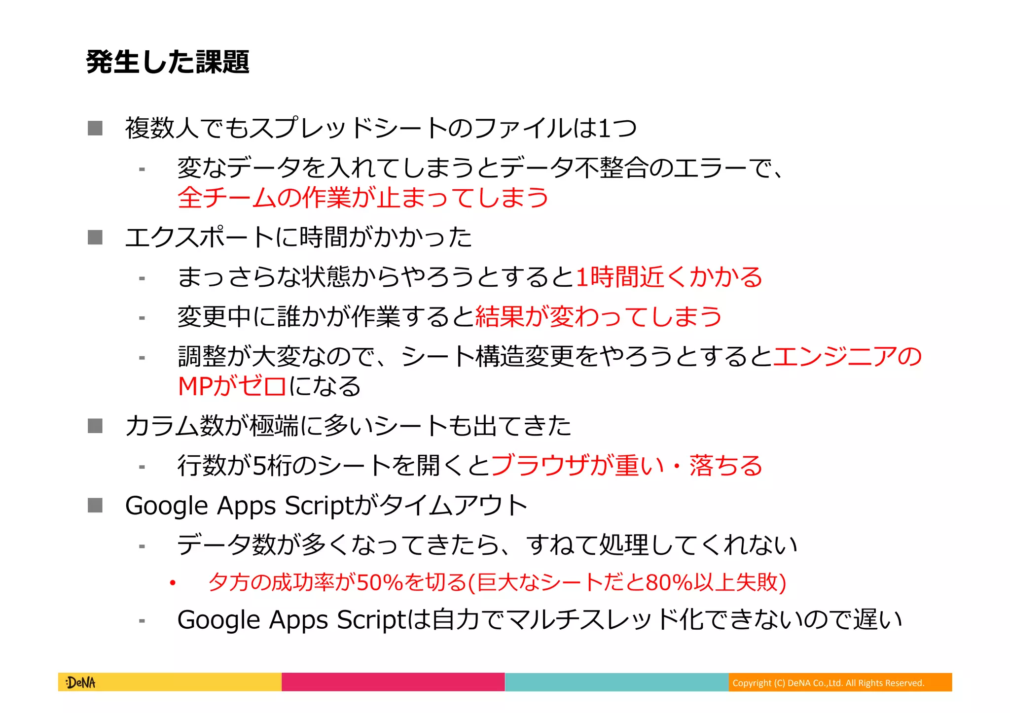 Copyright (C) DeNA Co.,Ltd. All Rights Reserved.
発生した課題
 複数人でもスプレッドシートのファイルは1つ
⁃ 変なデータを入れてしまうとデータ不整合のエラーで、
全チームの作業が止まってしまう
 エクスポートに時間がかかった
⁃ まっさらな状態からやろうとすると1時間近くかかる
⁃ 変更中に誰かが作業すると結果が変わってしまう
⁃ 調整が大変なので、シート構造変更をやろうとするとエンジニアの
MPがゼロになる
 カラム数が極端に多いシートも出てきた
⁃ 行数が5桁のシートを開くとブラウザが重い・落ちる
 Google Apps Scriptがタイムアウト
⁃ データ数が多くなってきたら、すねて処理してくれない
• 夕方の成功率が50%を切る(巨大なシートだと80%以上失敗)
⁃ Google Apps Scriptは自力でマルチスレッド化できないので遅い
 