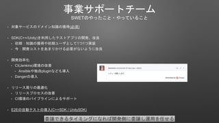 Iݩ`ȥ`
SWETΤä?äƤ뤳
? 󥵩`ӥΥɥᥤ֪RΫ@()
? SDK(C++/Unity)äƥȥץ_k
? ڣ֪RΫ@äڥ`Ȥ11Čgװ
? _kȤ򤢤ޤ꤫Ҫʤ褦˸
? _kʻ
? CI(Jenkins)hθ
? Ansiblepluginʤɤ⌧
? DangerΌ
? `ܤm
? `ץθ
? CIhΥѥץ饤ˤ륵ݩ`
? E2EԄӥƥȤΌ(C++SDK / UnitySDK)
ίjǤ륿ߥ󥰤ˤʤ_kȤίj\äΤ
 