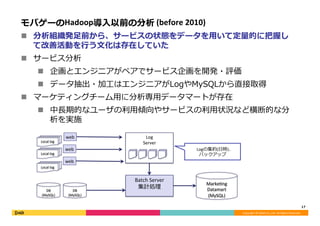 Copyright	©	DeNA	Co.,Ltd.	All	Rights	Reserved.	
Log	
Server
モバゲーのHadoop導⼊以前の分析	(before	2010)
n  分析組織発⾜前から、サービスの状態をデータを⽤いて定量的に把握し
て改善活動を⾏う⽂化は存在していた
n  サービス分析
n  企画とエンジニアがペアでサービス企画を開発・評価
n  データ抽出・加⼯はエンジニアがLogやMySQLから直接取得
n  マーケティングチーム⽤に分析専⽤データマートが存在
n  中⻑期的なユーザの利⽤傾向やサービスの利⽤状況など横断的な分
析を実施
17	
Local	log
DB	
(MySQL)
web
web
web
Marke<ng	
Datamart	
(MySQL)
Batch	Server	
集計処理	
DB	
(MySQL)
Local	log
Local	log
Logの集約(⽇時)、	
バックアップ	
 
