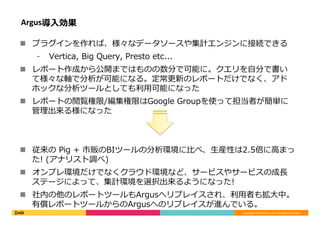 Copyright	©	DeNA	Co.,Ltd.	All	Rights	Reserved.	
Argus導⼊効果
n  プラグインを作れば、様々なデータソースや集計エンジンに接続できる
⁃  Vertica, Big Query, Presto etc...
n  レポート作成から公開まではものの数分で可能に。クエリを⾃分で書い
て様々な軸で分析が可能になる。定常更新のレポートだけでなく、アド
ホックな分析ツールとしても利⽤可能になった
n  レポートの閲覧権限/編集権限はGoogle Groupを使って担当者が簡単に
管理出来る様になった
n  従来の Pig + 市販のBIツールの分析環境に⽐べ、⽣産性は2.5倍に⾼まっ
た! (アナリスト調べ)
n  オンプレ環境だけでなくクラウド環境など、サービスやサービスの成⻑
ステージによって、集計環境を選択出来るようになった!
n  社内の他のレポートツールもArgusへリプレイスされ、利⽤者も拡⼤中。
有償レポートツールからのArgusへのリプレイスが進んでいる。
 