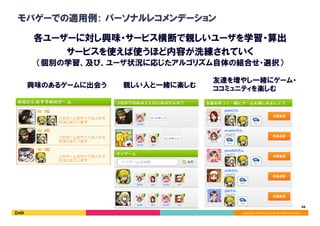 Copyright	©	DeNA	Co.,Ltd.	All	Rights	Reserved.	
モバゲーでの適用例: パーソナルレコメンデーション
各ユーザーに対し興味・サービス横断で親しいユーザを学習・算出
サービスを使えば使うほど内容が洗練されていく
興味のあるゲームに出会う 親しい人と一緒に楽しむ
友達を増やし一緒にゲーム・
ココミュニティを楽しむ
（個別の学習、及び、ユーザ状況に応じたアルゴリズム自体の組合せ・選択）
48	
 