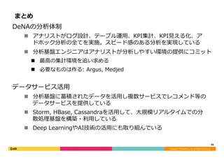 Copyright	©	DeNA	Co.,Ltd.	All	Rights	Reserved.	
まとめ
DeNAの分析体制
n  アナリストがログ設計、テーブル運⽤、KPI集計、KPI⾒える化、ア
ドホック分析の全てを実施。スピード感のある分析を実現している
n  分析基盤エンジニアはアナリストが分析しやすい環境の提供にコミット
n  最⾼の集計環境を追い求める
n  必要なものは作る: Argus, Medjed
データサービス活⽤
n  ⼤規模機械学習を活⽤し複数サービスで、体験提供から分散学習アル
ゴリズムの設計・実装までを実施。コンテンツ・ユーザの興味・状況
を学習した各種データサービスを提供している
n  Storm, HBase, Cassandraを活⽤して、⼤規模リアルタイムでの分
散処理基盤を構築・利⽤している
n  Deep LearningやAI技術関連の挑戦も⾏っている
56	
 