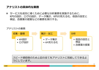 Copyright	©	DeNA	Co.,Ltd.	All	Rights	Reserved.	
アナリストの具体的な業務
n  サービスを成功に導くために必要な分析業務を実施するために、
KPIの設計、ログの設計、データ集計、KPIの⾒える化、仮説の設定と
検証、改善案の提案などの業務を実⾏する。
9	
収集・蓄積
•  KPI設計
•  ログ設計
集計・加⼯
•  データ集計
•  KPI⾒える化
分析
•  仮説の設定と
検証
•  改善案の提案
アナリストの業務
スピード感担保のため上記の全てをアナリストに完結してできるよ
うにしています。
 