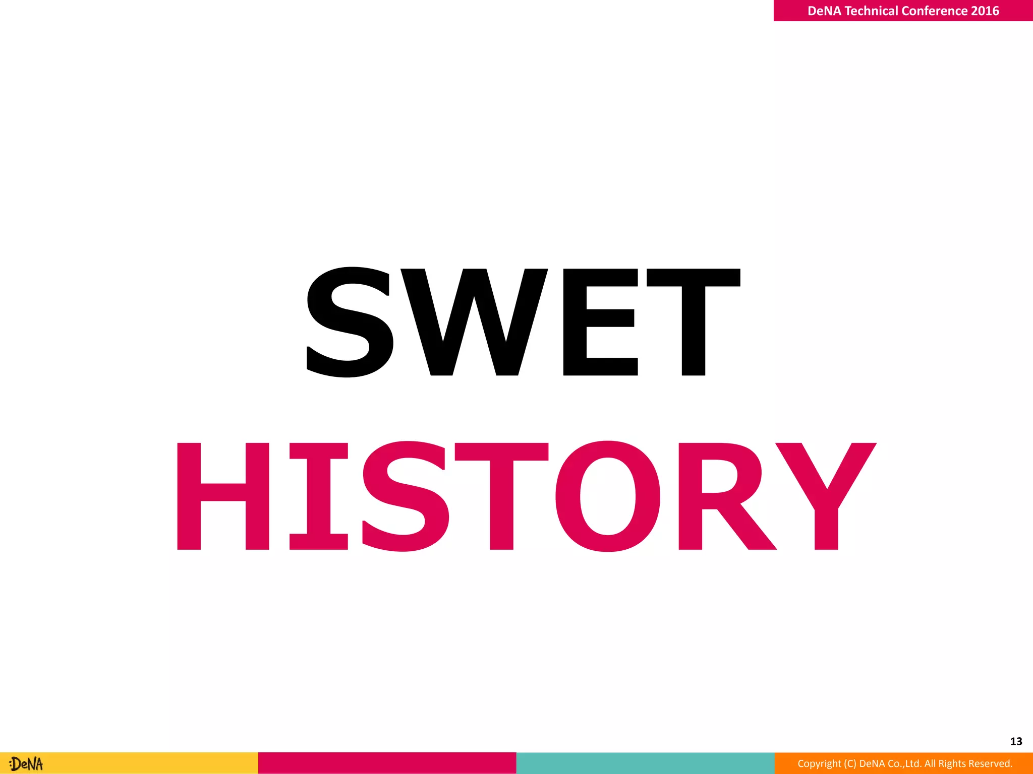 Copyright (C) DeNA Co.,Ltd. All Rights Reserved.
DeNA Technical Conference 2016
SWET
HISTORY
13
 