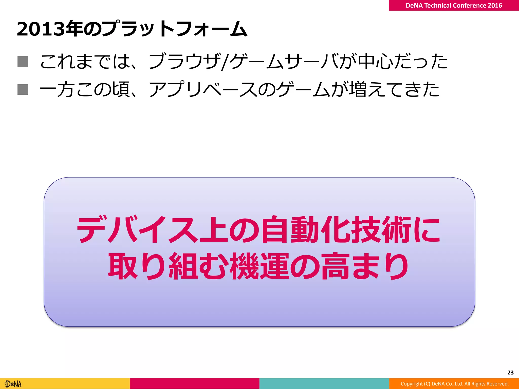 Copyright (C) DeNA Co.,Ltd. All Rights Reserved.
DeNA Technical Conference 2016
2013年のプラットフォーム
 これまでは、ブラウザ/ゲームサーバが中心だった
 一方この頃、アプリベースのゲームが増えてきた
23
デバイス上の自動化技術に
取り組む機運の高まり
 
