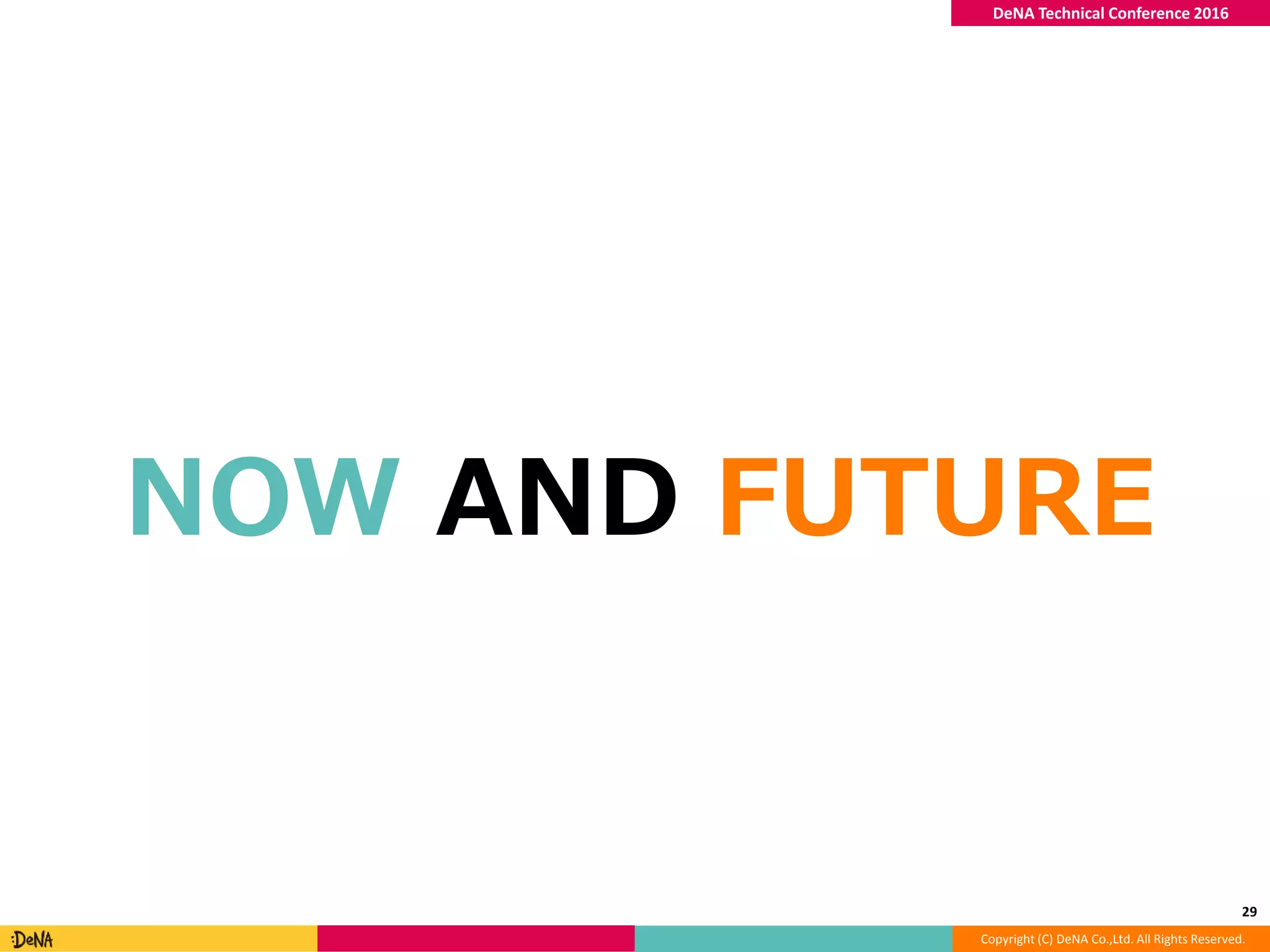 Copyright (C) DeNA Co.,Ltd. All Rights Reserved.
DeNA Technical Conference 2016
NOW AND FUTURE
29
 