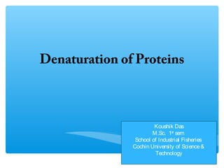 Denaturation of Proteins
Koushik Das
M.Sc. 1st
sem
School of Industrial Fisheries
Cochin University of Science&
Technology
 