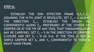 STEP-6:
ESTABLISH THE END EFFECTOR FRAME 0nXnYnZn.
ASSUMING THE N-TH JOINT IS REVOLUTE, SET Zn = A ALONG
THE DIRECTION Zn-1. ESTABLISH THE ORIGIN 0N
CONVENIENTLY ALONG Zn, PREFERABLY AT THE CENTER OF
GRIPPER OR AT THE TIP OF ANY TOOL THAT THEMANIPULATOR
MAY BE CARRYING. SET Yn = S IN THE DIRECTION OF GRIPPER
CLOSURE AND SET Xn = N AS S×A. IF THE TOOL IS NOT A
SIMPLE GRIPPER SET Xn AND Yn CONVENIENTLY TO FORM A
RIGHT HAND FRAME.
 