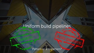 Uniform build pipelines
Anti-patternPattern
Pattern or anti-pattern?
 