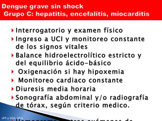 Interrogatorio y examen físico Ingreso a UCI y monitoreo constante de los signos vitales  Balance hidroelectrolítico estricto y del equilibrio ácido-básico Oxigenación si hay hipoxemia Monitoreo cardiaco constante Diuresis media horaria  Sonografía abdominal y/o radiografía de tórax, según criterio medico.  Hemograma y otros exámenes de acuerdo a criterio medico. Toma de muestra para serología o aislamiento viral 