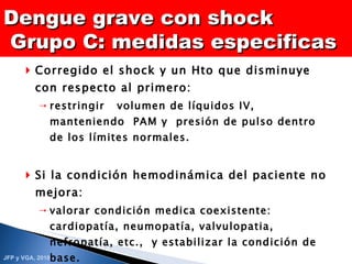 Corregido el shock y un Hto que disminuye con respecto al primero: restringir  volumen de líquidos IV,  manteniendo  PAM y  presión de pulso dentro de los límites normales. Si la condición hemodinámica del paciente no mejora: valorar condición medica coexistente: cardiopatía, neumopatía, valvulopatia, nefropatía, etc.,  y estabilizar la condición de base. Sangrado masivo  transfusión de paquete globular a razón de 10 ml/kg. Dengue grave con shock  Grupo C: medidas especificas   