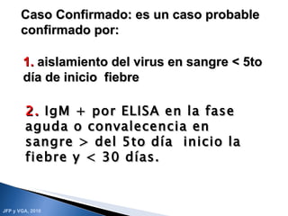 Caso Confirmado: es un caso probable confirmado por: 2.  IgM + por ELISA en la fase aguda o convalecencia en sangre > del 5to día  inicio la fiebre y < 30 días.  1.  aislamiento del virus en sangre < 5to día de inicio  fiebre 