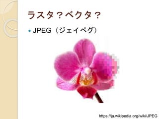 ラスタ？ベクタ？
 JPEG（ジェイペグ）
https://ja.wikipedia.org/wiki/JPEG
 