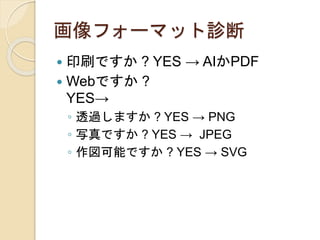 画像フォーマット診断
 印刷ですか ? YES → AIかPDF
 Webですか ?
YES→
◦ 透過しますか ? YES → PNG
◦ 写真ですか ? YES → JPEG
◦ 作図可能ですか ? YES → SVG
 