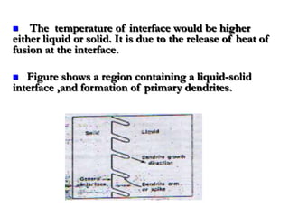    The temperature of interface would be higher
either liquid or solid. It is due to the release of heat of
fusion at the interface.

  Figure shows a region containing a liquid-solid
interface ,and formation of primary dendrites.
 