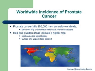 Worldwide Incidence of Prostate Cancer Prostate cancer kills 200,000 men annually worldwide.  Men over fifty or w/familial history are more susceptible Red and swollen areas indicate a higher rate. North America world leader Europe and Japan close second Courtesy of Science Creative Quarterly 