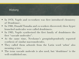 History
 In 1978, Vogtle and co-workers was first introduced chemistry
of Dendrimer .
 In 1980, Donald Tomalia and co-workers discovered, these hyper
branched molecules were called dendrimers.
 In 1985, Vogtle synthesized the first family of dendrimers the
first “cascade molecules”.
 At the same time, Newkome’s groupindependently reported
synthesis of similar macromolecules.
 They called them arborols from the Latin word ‘arbor’ also
meaning a tree.
 The term cascade molecule is also used, but ‘dendrimer’ is the
well established one.
 