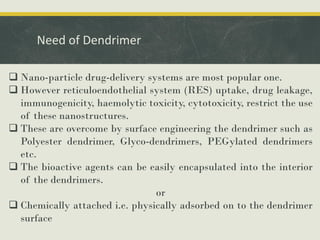 Need of Dendrimer
 Nano-particle drug-delivery systems are most popular one.
 However reticuloendothelial system (RES) uptake, drug leakage,
immunogenicity, haemolytic toxicity, cytotoxicity, restrict the use
of these nanostructures.
 These are overcome by surface engineering the dendrimer such as
Polyester dendrimer, Glyco-dendrimers, PEGylated dendrimers
etc.
 The bioactive agents can be easily encapsulated into the interior
of the dendrimers.
or
 Chemically attached i.e. physically adsorbed on to the dendrimer
surface
 
