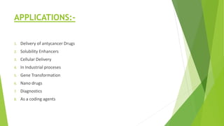 APPLICATIONS:-
1. Delivery of antycancer Drugs
2. Solubility Enhancers
3. Cellular Delivery
4. In Industrial proceses
5. Gene Transformation
6. Nano drugs
7. Diagnostics
8. As a coding agents
 