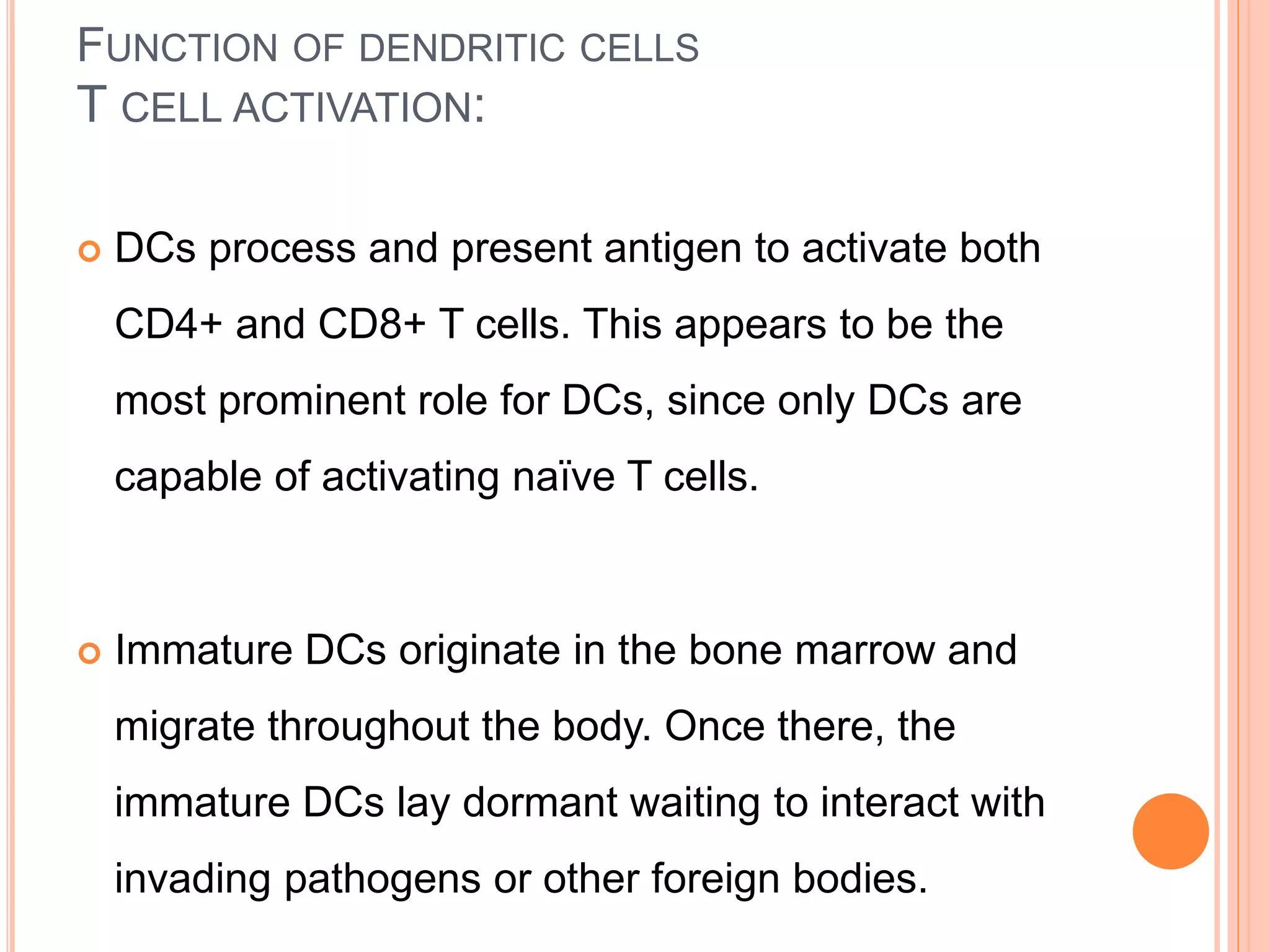 FUNCTION OF DENDRITIC CELLS
T CELL ACTIVATION:
 DCs process and present antigen to activate both
CD4+ and CD8+ T cells. This appears to be the
most prominent role for DCs, since only DCs are
capable of activating naïve T cells.
 Immature DCs originate in the bone marrow and
migrate throughout the body. Once there, the
immature DCs lay dormant waiting to interact with
invading pathogens or other foreign bodies.
 