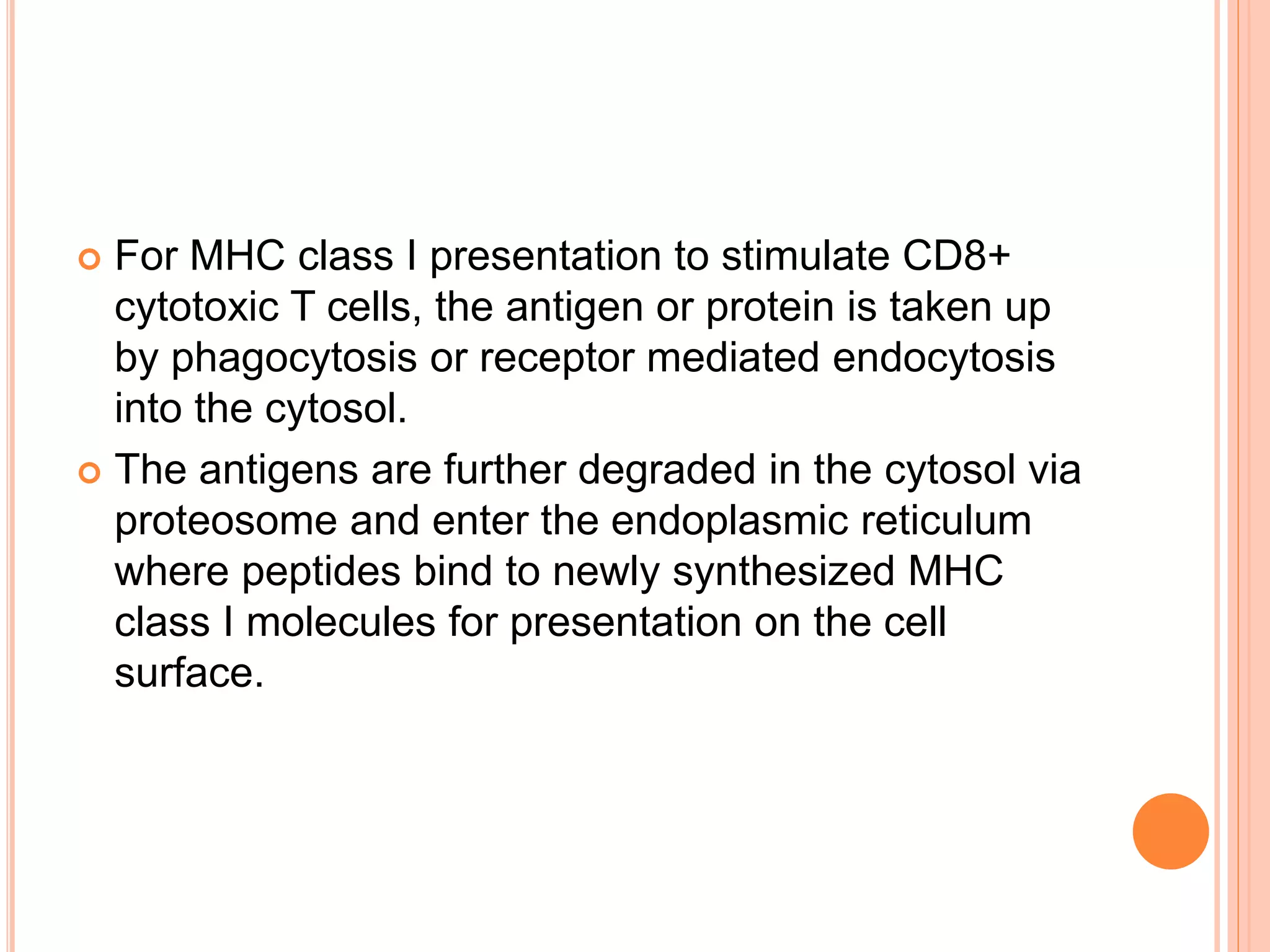  For MHC class I presentation to stimulate CD8+
cytotoxic T cells, the antigen or protein is taken up
by phagocytosis or receptor mediated endocytosis
into the cytosol.
 The antigens are further degraded in the cytosol via
proteosome and enter the endoplasmic reticulum
where peptides bind to newly synthesized MHC
class I molecules for presentation on the cell
surface.
 