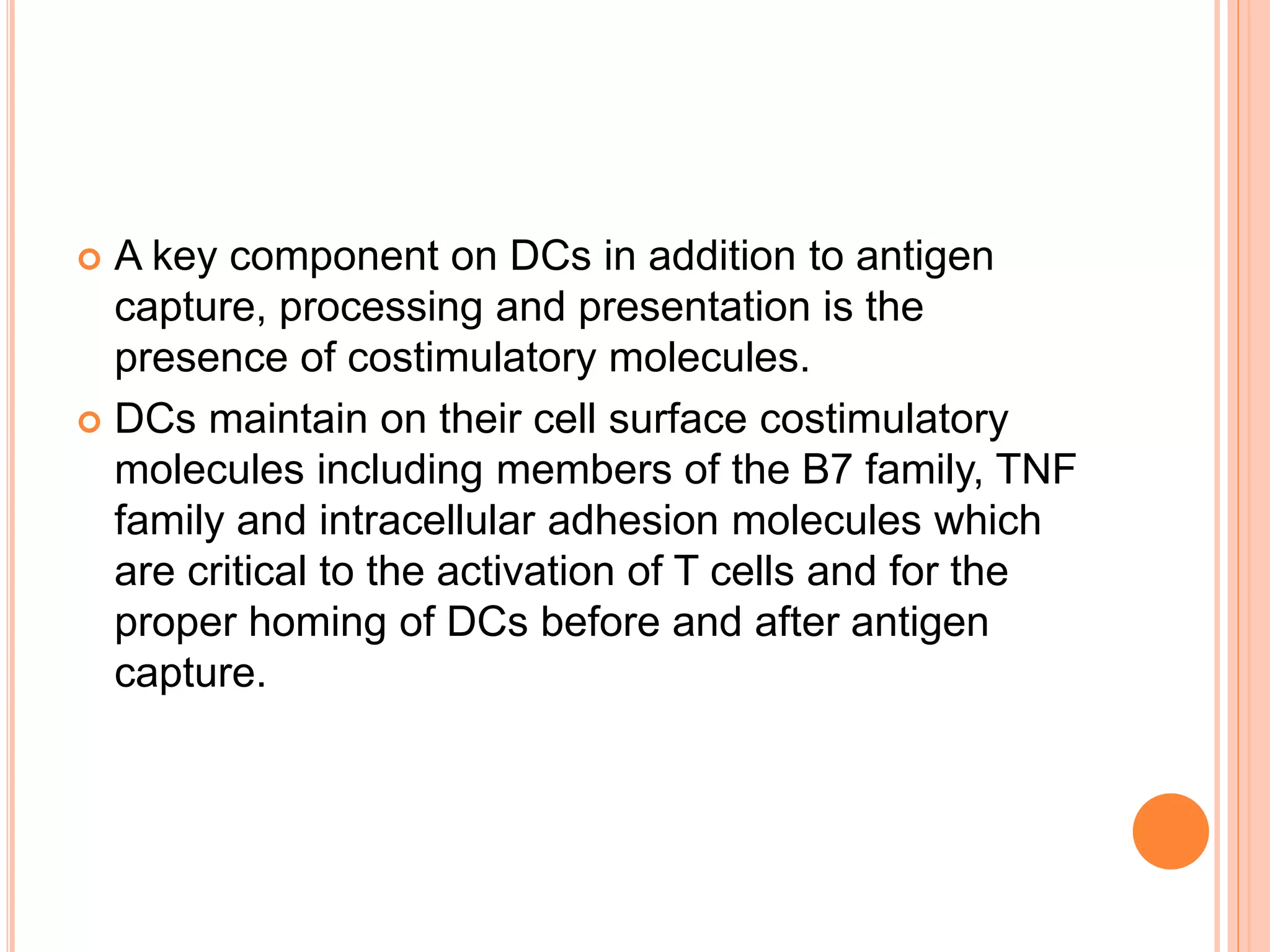  A key component on DCs in addition to antigen
capture, processing and presentation is the
presence of costimulatory molecules.
 DCs maintain on their cell surface costimulatory
molecules including members of the B7 family, TNF
family and intracellular adhesion molecules which
are critical to the activation of T cells and for the
proper homing of DCs before and after antigen
capture.
 
