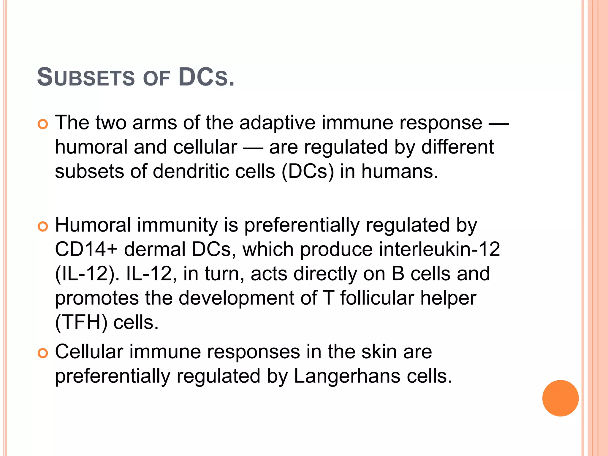 SUBSETS OF DCS.
 The two arms of the adaptive immune response —
humoral and cellular — are regulated by different
subsets of dendritic cells (DCs) in humans.
 Humoral immunity is preferentially regulated by
CD14+ dermal DCs, which produce interleukin-12
(IL-12). IL-12, in turn, acts directly on B cells and
promotes the development of T follicular helper
(TFH) cells.
 Cellular immune responses in the skin are
preferentially regulated by Langerhans cells.
 