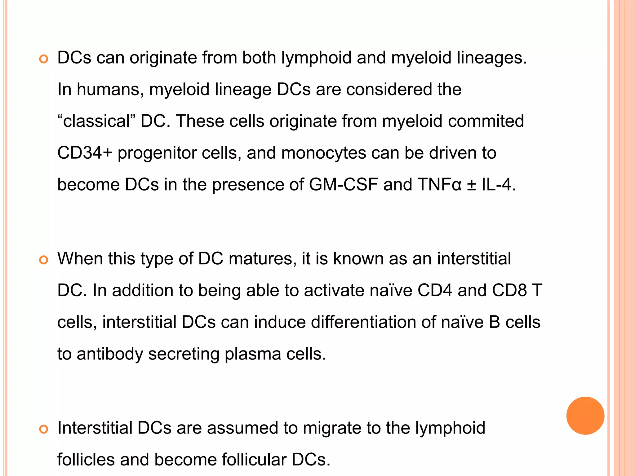  DCs can originate from both lymphoid and myeloid lineages.
In humans, myeloid lineage DCs are considered the
“classical” DC. These cells originate from myeloid commited
CD34+ progenitor cells, and monocytes can be driven to
become DCs in the presence of GM-CSF and TNFα ± IL-4.
 When this type of DC matures, it is known as an interstitial
DC. In addition to being able to activate naïve CD4 and CD8 T
cells, interstitial DCs can induce differentiation of naïve B cells
to antibody secreting plasma cells.
 Interstitial DCs are assumed to migrate to the lymphoid
follicles and become follicular DCs.
 