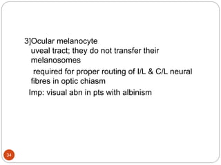 3]Ocular melanocyte
uveal tract; they do not transfer their
melanosomes
required for proper routing of I/L & C/L neural
fibres in optic chiasm
Imp: visual abn in pts with albinism
34
 