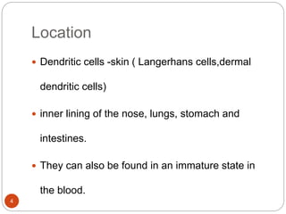 Location
 Dendritic cells -skin ( Langerhans cells,dermal
dendritic cells)
 inner lining of the nose, lungs, stomach and
intestines.
 They can also be found in an immature state in
the blood.
4
 
