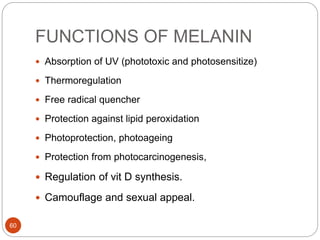 FUNCTIONS OF MELANIN
 Absorption of UV (phototoxic and photosensitize)
 Thermoregulation
 Free radical quencher
 Protection against lipid peroxidation
 Photoprotection, photoageing
 Protection from photocarcinogenesis,
 Regulation of vit D synthesis.
 Camouflage and sexual appeal.
60
 