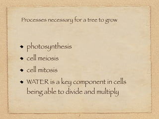 Processes necessary for a tree to grow



  photosynthesis
  cell meiosis
  cell mitosis
  WATER is a key component in cells
  being able to divide and multiply


                      7
 