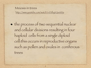 Meiosis in trees
`http://www.youtube.com/watch?v=D9byVQxvMXs




the process of two sequential nuclear
and cellular divisi...