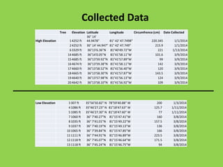 Collected Data
Tree Elevation Latitude Longitude Circumfrence (cm) Date Collected
High Elevation 14252 ft
36° 14'
44.9478" 81° 42' 47.7498" 220.345 1/1/2014
24252 ft 36° 14' 44.947" 81° 42' 47.749" 215.9 1/1/2014
63329 ft 36°13'6.36"N 81°40'49.72"W 221 1/13/2014
144685 ft 36°14'0.05"N 81°41'58.11"W 101.6 3/9/2014
154685 ft 36°13'59.92"N 81°41'57.89"W 99 3/9/2014
164674 ft 36°13'59.38"N 81°41'58.11"W 142 3/9/2014
174660 ft 36°13'58.52"N 81°41'56.40"W 120 3/9/2014
184665 ft 36°13'58.30"N 81°41'57.87"W 143.5 3/9/2014
194640 ft 36°13'57.98"N 81°41'56.13"W 124 3/9/2014
204642 ft 36°13'58.10"N 81°41'56.92"W 109 3/9/2014
Low Elevation 3307 ft 35°56'50.82" N 78°59'40.88" W 200 1/3/2014
41086 ft 35°46'27.23" N 81°18'47.63" W 125.7 1/11/2014
51085 ft 35°46'27.30" N 81°18'47.60" W 77 1/11/2014
71060 ft 36° 7'40.27"N 81°15'47.41"W 160 3/8/2014
81035 ft 36° 7'41.01"N 81°15'49.22"W 157.5 3/8/2014
91037 ft 36° 7'40.19"N 81°15'49.13"W 136 3/8/2014
101065 ft 36° 7'39.84"N 81°15'47.85"W 166 3/8/2014
111111 ft 36° 7'44.91"N 81°15'46.89"W 223.5 3/8/2014
121118 ft 36° 7'45.07"N 81°15'46.64"W 171.5 3/8/2014
131118 ft 36° 7'45.24"N 81°15'46.75"W 94 3/8/2014
 