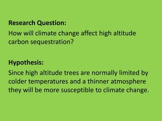 Research Question:
How will climate change affect high altitude
carbon sequestration?
Hypothesis:
Since high altitude trees are normally limited by
colder temperatures and a thinner atmosphere
they will be more susceptible to climate change.
 