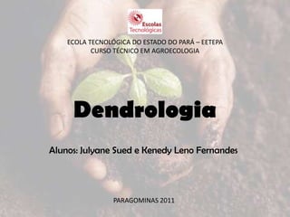 ECOLA TECNOLÓGICA DO ESTADO DO PARÁ – EETEPA
           CURSO TÉCNICO EM AGROECOLOGIA




     Dendrologia
Alunos: Julyane Sued e Kenedy Leno Fernandes




                 PARAGOMINAS 2011
 