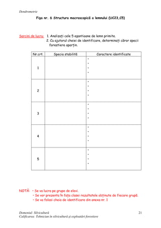 Dendrometrie
Domeniul: Silvicultură
Calificarea: Tehnician în silvicultură şi exploatări forestiere
21
Fişa nr. 6 Structura macroscopică a lemnului (UC23,C5)
Sarcini de lucru: 1. Analizaţi cele 5 eşantioane de lemn primite.
2. Cu ajutorul cheiei de identificare, determinaţi căror specii
forestiere aparţin.
Nr.crt. Specia stabilită Caractere identificate
1
•
•
•
•
2
•
•
•
•
3
•
•
•
•
4
•
•
•
•
5
•
•
•
•
NOTĂ: • Se va lucra pe grupe de elevi.
• Se vor prezenta în faţa clasei rezultatele obţinute de fiecare grupă.
• Se va folosi cheia de identificare din anexa nr. 1
 