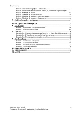 Dendrometrie
Domeniul: Silvicultură
Calificarea: Tehnician în silvicultură şi exploatări forestiere
4
Folia nr. 2 Inventarierea parţială a arboretelor..........................................................41
Folia nr. 3 Sortimente dimensionale în funcţie de diametrul la capătul subţire........42
Folia nr. 4 Defecte de formă.....................................................................................43
Folia nr. 5 Defecte de formă –înfurcirea...................................................................44
Folia nr. 6 Defecte de structură –inimi concrescute..................................................45
Folia nr. 7 Defecte de structură –fibra răsucită.........................................................46
5. Model de întocmire a unui proiect.............................................................................47
III.SOLUŢIILE ACTIVITĂŢILOR...............................................................................48
1. Fişe de lucru.................................................................................................................48
Fişa nr. 3 Inventarierea calitativă a arborilor............................................................48
Fişa nr. 5 Identificarea defectelor.............................................................................49
2. Exerciţii........................................................................................................................50
Exerciţiul nr. 1 Procedeul de cubare a arboretelor cu ajutorul seriei de volume......50
Exerciţiul nr. 2 Transformarea arborilor în arbori de lucru......................................51
Exerciţiul nr. 3 Sortarea dimensională a arborilor....................................................52
3. Fişe de evaluare...........................................................................................................53
Fişa nr. 1 Inventarierea arboretelor...........................................................................53
Fişa nr. 2 Executarea inventarierii............................................................................54
Fişa nr. 3 Procedee de cubare şi sortare a arboretelor...............................................55
Fişa nr. 4 Proprietăţile lemnului................................................................................56
IV.SITE-URI TEMATICE..............................................................................................57
V. BIBLIOGRAFIE.........................................................................................................58
VI.ANEXE.........................................................................................................................59
 