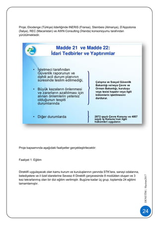 24
DENETİM|Haziran2017
Proje; Ekodenge (Türkiye) liderliğinde INERIS (Fransa), Steinbeis (Almanya), D’Appolonia
(İtalya), REC (Macaristan) ve AWN Consulting (İrlanda) konsorsiyumu tarafından
yürütülmektedir.
Proje kapsamında aşağıdaki faaliyetler gerçekleştirilecektir:
Faaliyet 1: Eğitim
Direktifi uygulayacak olan kamu kurum ve kuruluşlarının yanında STK’lara, sanayi odalarına,
belediyelere ve il özel idarelerine Seveso II Direktifi çerçevesinde 8 modülden oluşan ve 3
kez tekrarlanmış olan bir dizi eğitim verilmiştir. Bugüne kadar üç grup, toplamda 24 eğitimi
tamamlamıştır.
 