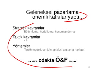 Geleneksel pazarlama
          önemli katkılar yaptı...

Stratejik kavramlar
      Bölümleme, hedefleme, konumlandırma

Taktik kavramlar
      4P

Yöntemler
      Tercih modeli, conjoint analizi, algılama haritası


           …ama odakta Ö&F var...
                   Dr. D. Selcen Ö. Aykaç                  22
 