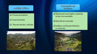 ❑ Procesos participativos
❑ Escasa información
❑ Recursos naturales y culturales
❑ Habitantes del cantón Sigchos ,estudiantes,
turistas y las comunidades
❑ Desarrollo de la comunidad
❑ Establecer una Educación Ambiental y
un ecoturismo
 