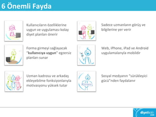 6 Önemli Fayda 
Kullanıcıların özelliklerine 
uygun ve uygulaması kolay 
diyet planları önerir 
Forma girmeyi sağlayacak 
“kullanıcıya uygun” egzersiz 
planları sunar 
Uzman kadrosu ve arkadaş 
ekleyebilme fonksiyonlarıyla 
motivasyonu yüksek tutar 
Sadece uzmanların görüş ve 
bilgilerine yer verir 
Web, iPhone, iPad ve Android 
uygulamalarıyla mobildir 
Sosyal medyanın “sürükleyici 
gücü”nden faydalanır 
 